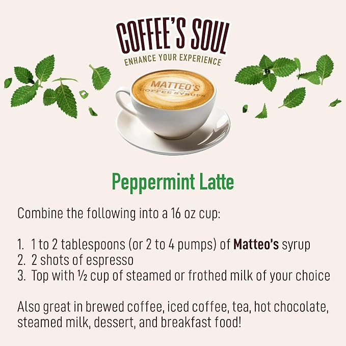 Matteo's Peppermint Syrup for Coffee, Lattes, Cappuccinos & Desserts – Sugar-Free Sweetener for Beverages, Keto Friendly, Zero Calories, Indulgent Flavor, Non-Alcoholic, Ideal for Coffee 33.8oz (6pk)