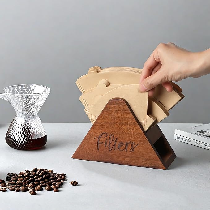 Acacia Wood Coffee Filter Holder,Coffee Filter Storage Organizer,Coffee Bar Decor,Storage for Square Cone shaped and Flat bottomed Pour Over Paper Filters