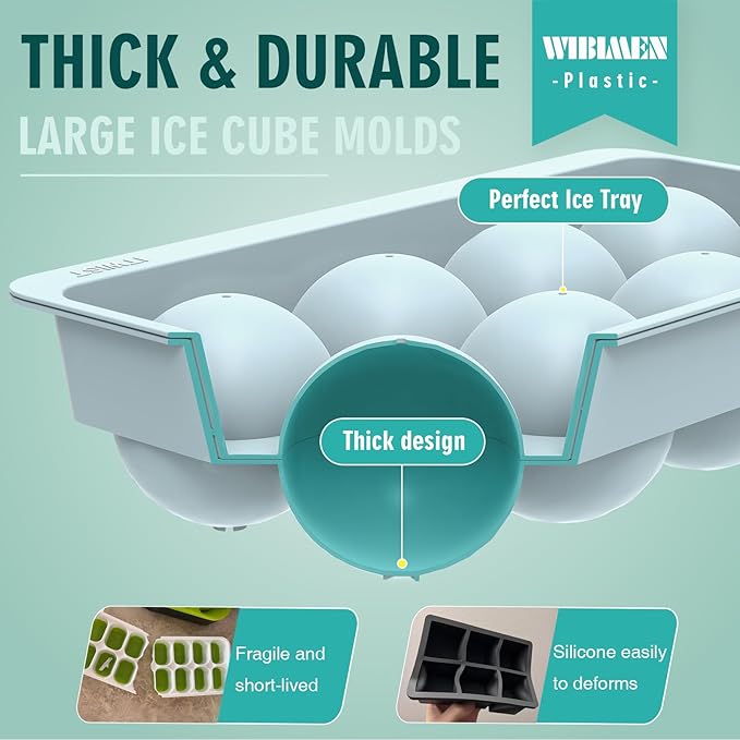 WIBIMEN Large Ice Cube Molds, Big Round Whiskey Ice Cube Trays for Freezer, Easy to Fill & Release, Whiskey Bourbon Cocktail(2.5In*8 Balls- Blue/2 Pack)