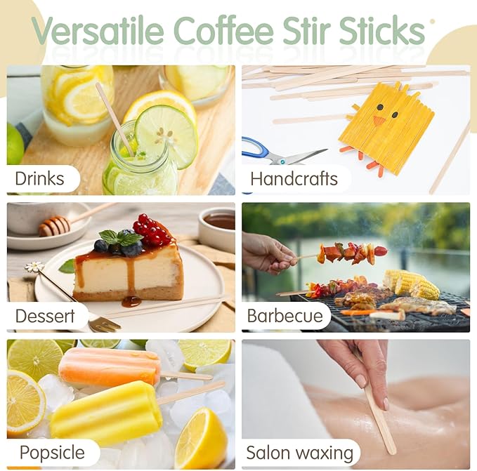 WISYOK 1000 PCS Coffee Stirrers, 5.5 Inch Premium Birch Wood Sticks, Smooth Round Ends, Splinter-Free Disposable Stir Sticks for Coffee, Cocktails, Office, Home, Coffee Bars