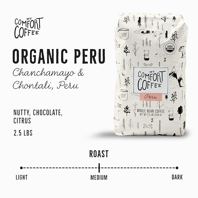 Mt. Comfort Coffee Organic Peru Medium Roast, 2.5 Pounds - Flavor Notes of Nutty, Chocolate, & Citrus - Sourced From Small, Peruvian Coffee Farms - Roasted Whole Beans