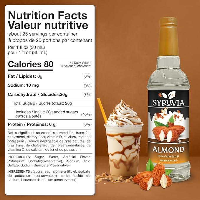 Syruvia Coffee Syrup, Almond Flavored Syrup for Drinks, Lattes, and Desserts – 25.4 fl oz,