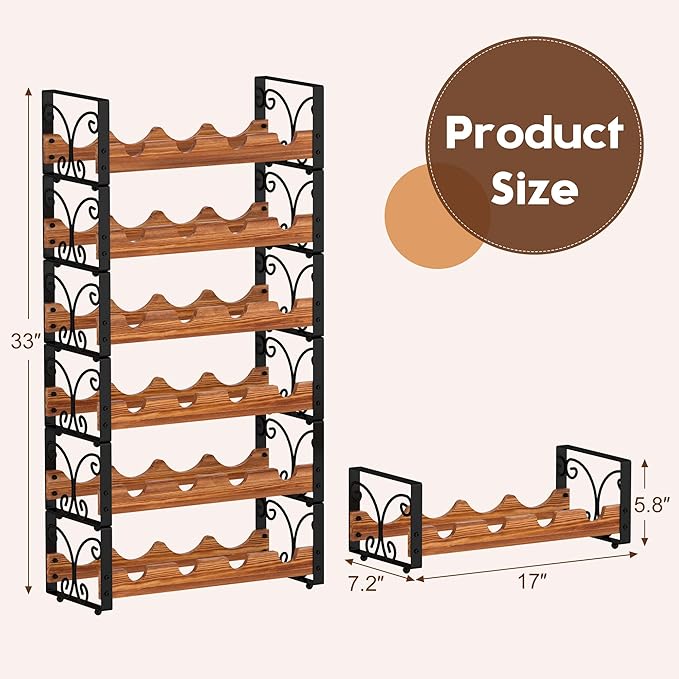 X-cosrack Wine Racks Free Standing Floor, 6-Tier 24 Bottles Wine Rack for Cabinet, Wood & Metal Wine Stackable Rack, Wine Bottle Holder for Wine Cellar, Wine Storage for Home Bar & Kitchen