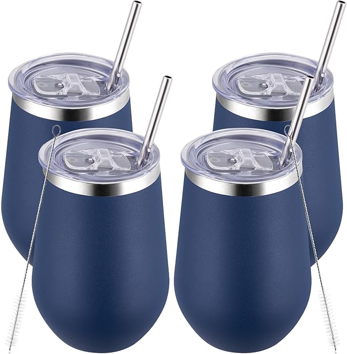 MEWAY 12oz Stainless Steel Wine Tumbler with Lid - Double Wall Vacuum Insulated Swig cups for Hot and Cold Drinks, Ideal for Coffee, Wine, Beer, gifts for Women under 10 dollars(Navy,Set of 4)