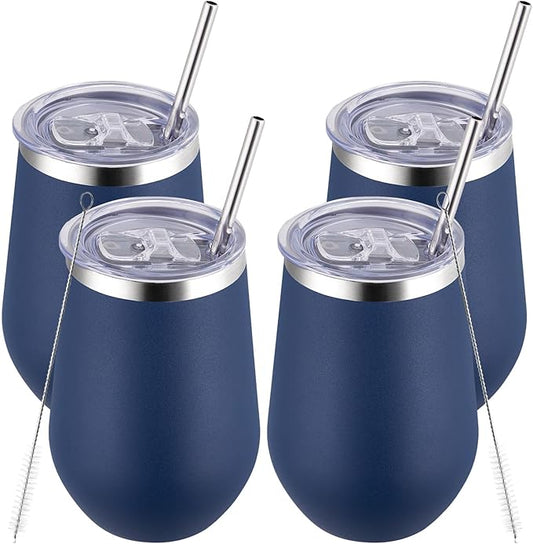 MEWAY 12oz Stainless Steel Wine Tumbler with Lid - Double Wall Vacuum Insulated Swig cups for Hot and Cold Drinks, Ideal for Coffee, Wine, Beer, gifts for Women under 10 dollars(Navy,Set of 4)