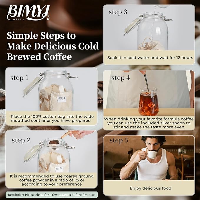 Reusable Cold Brew Bags & Cold Brew Coffee Bags Reusable - for Toddy Systems | 100% Natural Organic Cotton Cold Brew Filter Bags 2-Pack + 2 Bonus 304 Silver Spoons