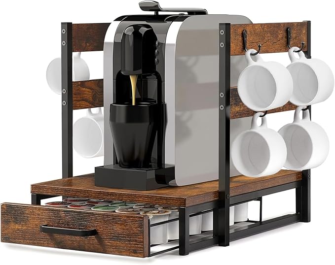 Evermagin K Cup Holder, 35 Pod Capacity, Coffee Pod Holder Compatible with Keurig, Coffee Station Organizer for Countertop with Cup Rack, Rustic Brown