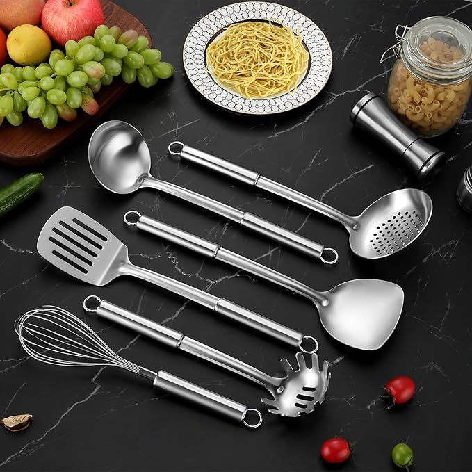6-Piece Kitchen Cooking Utensils Set, Stainless Steel Kitchen Utensils with Suspendable Handle, Spatula, Slotted Turner, Soup Ladle, Slotted Spoon, Whisk, Pasta Server, Dishwasher Safe