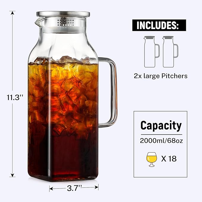 Netany 3 Pack 2 Liters/68 oz Square Glass Pitcher with Lid and Handle for Fridge, Iced Tea and Coffee Carafe Beverage Serveware, Heat Resistant Borosilicate Water Jug for Hot/Cold Drinks and Milk