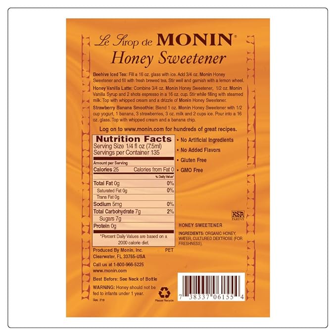 Monin - Organic Honey Sweetener, Low-Calorie Liquid Sweetener, Sugar Substitute, Coffee Syrup, Made with Organic Honey, Simple Syrup for Cocktails, Iced Tea, & More, Clean Label (1 Liter)