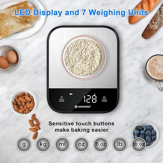 Food Scales for Kitchen,Digital Scale Grams and Ounces for Food Weight,Baking,Cooking,Meal Prep,Small Kitchen Scales with 7 Weighing Units/LED Display/Tare Function,Stainless Steel,Black