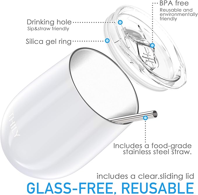 THILY Stainless Steel Insulated Wine Tumbler 4 Pack Stemless Wine Glasses with Splash-proof Lids, Metal Straws, Keep Cold for Coffee, Drinks, Christmas Gifts, Pearl White