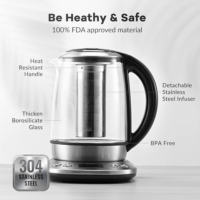 Mecity Electric Tea Kettle Borosilicate Glass Tea Maker With Temperature Control and Infuser - LCD Display and Preset Brewing Programs - 1.7 Liter Water Boiler
