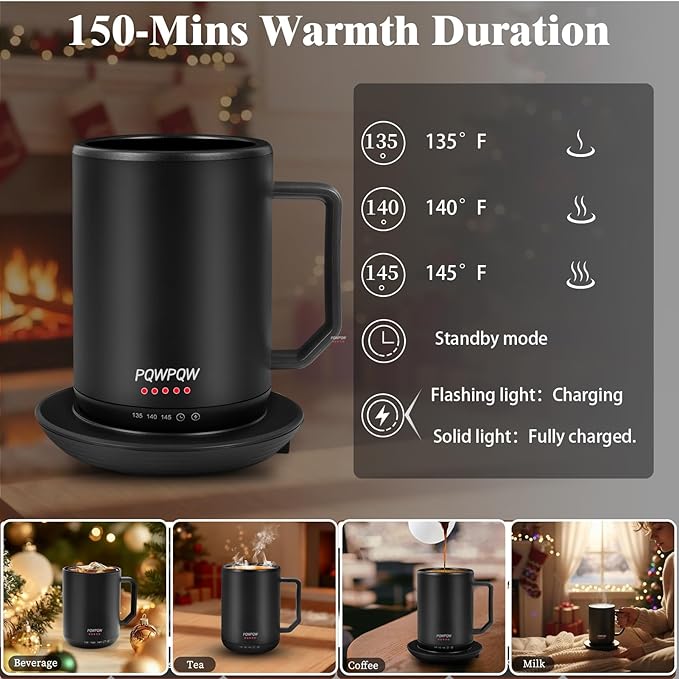 Smart Temperature Control Heated Coffee Mug - 12 oz Rechargeable Auto Heat Keeping Cup, 3-Level Settings/Dry-Boil Protection, Portable for Office Home Gift (Black)