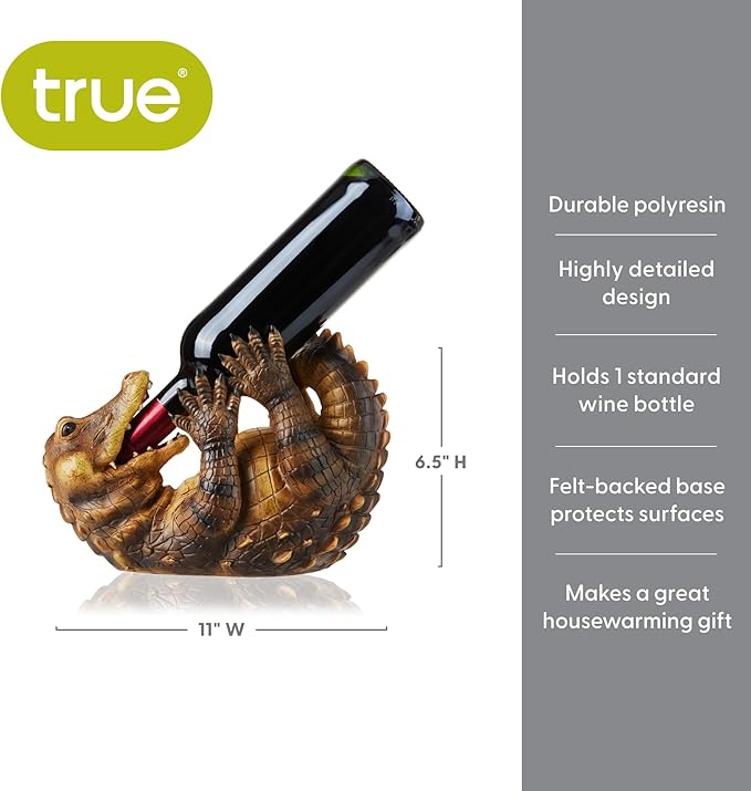 TRUE Amazing Alligator Polyresin Wine Stand Bottle Holder, Brown, Holds 1 Bottle, Tabletop Mount