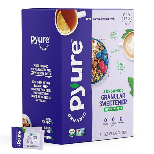 Pyure Organic Stevia Packets | Zero Calorie Sweetener for Coffee, and Baking | Granulated Stevia Sugar Substitute | Plant-Based, Keto, Diabetic & Paleo Friendly | USDA Organic, Non-GMO | 240 Packets