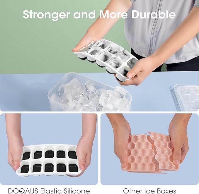 DOQAUS Ice Cube Tray with Lid and Bin - 4 Pack Silicone Ice Cube Trays for Freezer, Stackable Ice Bucket Kits with Storage Container & Scoop for Kitchen, RV, Cocktail, Coffee