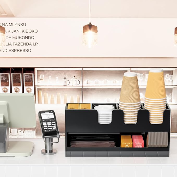 Coffee Condiment and Cup Organizer - 2-Tier Upright Cup and Lid Holder with Straw Organizer 5 Compartments Black Acrylic Cup Dispenser for Restaurant Breakroom Coffee Station Countertop