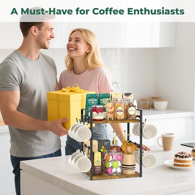 EsLuker.ly 2 Tier Coffee Mug Holder Station Bar Organize Countertop, Mug Cup Tree Rack for Kitchen Office, Storage Shelf with 12 Removable Hooks, Creat Stylish Coffee Corner