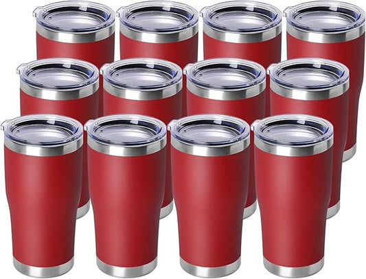 DOMICARE 20oz Tumbler with Lid Stainless Steel Tumblers Bulk, Double Wall Vacuum Insulated Coffee Travel Mug Powder Coated Tumbler, 12 Count (Pack of 1) Red