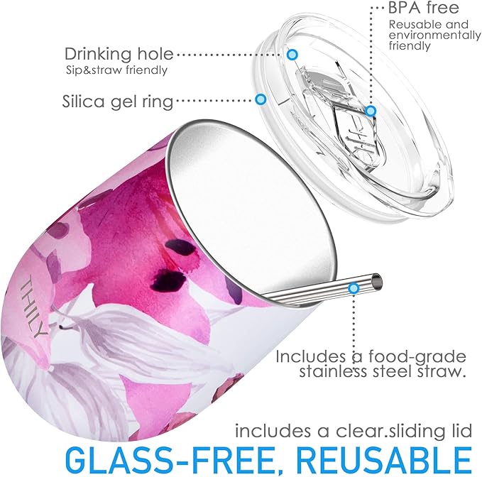 THILY Vacuum Insulated Stemless Wine Tumbler 12 oz Stainless Steel Wine Glass with Lid and Straw, Keep Cold or Hot for Coffee, Cocktails, 2 Pack(Pink Lilies + Lotus Flower)