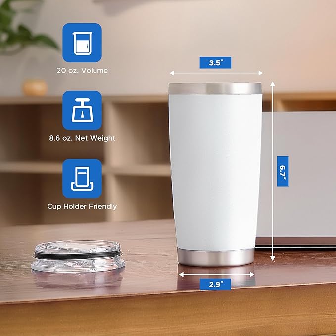 OMTech 20oz Tumblers Bulk, 12pc Stainless Steel Tumbler Set with Lid & Straw, Double Wall Vacuum Insulated Mug for Laser Engraver, Travel Coffee Mug for Hot & Cold Drinks, White Powder Coated Cup
