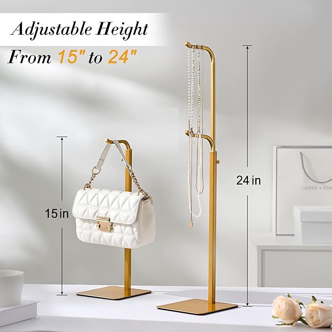 3 Pack Purse Holder Handbag Display Stand: Gold Hanger Rack for Bags, Purses, and Wreath, Adjustable Hook Stand for Tabletop, Closet, and Retail Use for Vendors