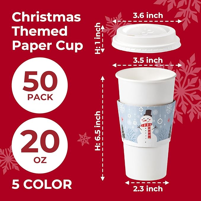 Fit Meal Prep 50 Pack 20 oz Christmas Disposable Coffee Cups with Lids, Sleeves, Leak-Proof To Go Coffee Cups with Lids, Durable Holiday Hot Paper Cups for Home, Office, Party, Business