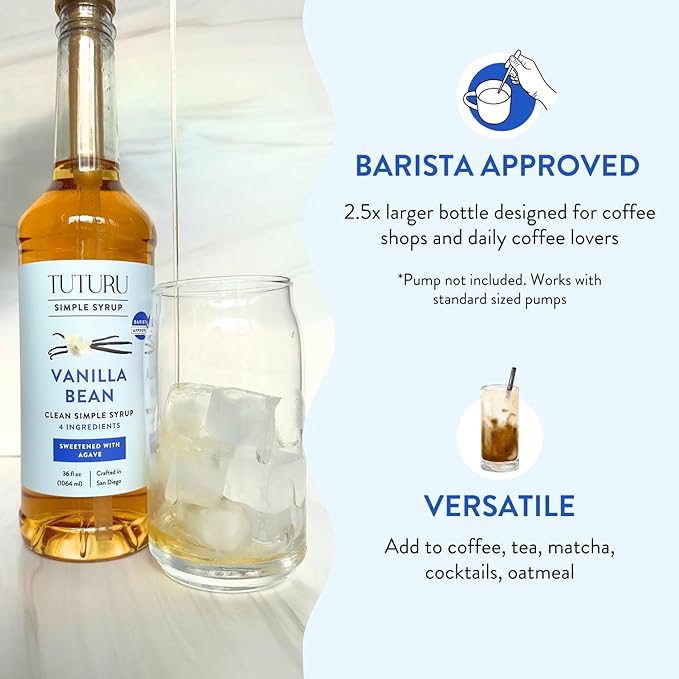 Vanilla Bean Agave Simple Syrup for Coffee & Cocktails - Sweetened with Organic Agave Nectar - Infused with Real Vanilla Bean - 36 oz