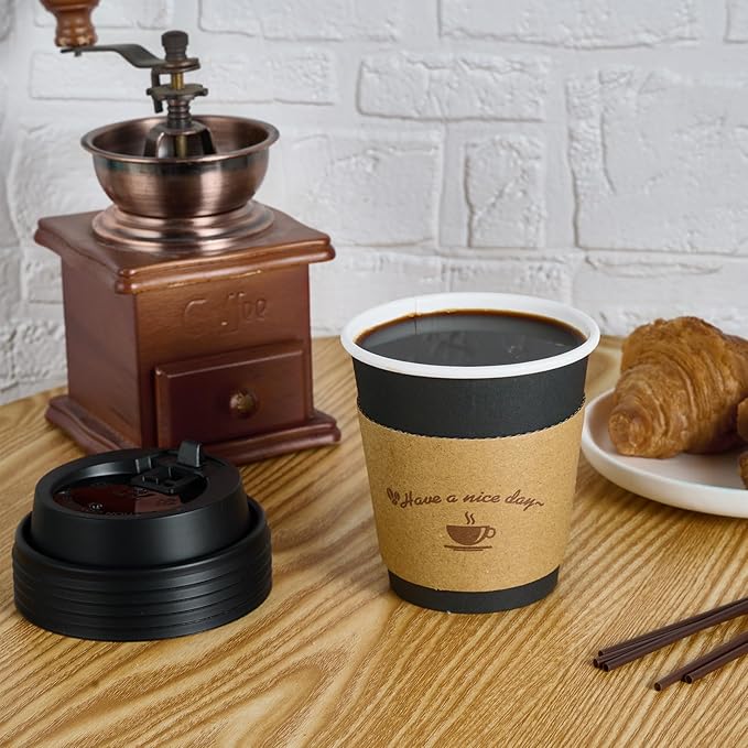 LITOPAK 100 Pack 10 oz Paper Coffee Cups for Hot Chocolate Drinks, Black Disposable Coffee Cups with Lids, Sleeves and Stirring Sticks for Parties, Picnic, Travel, and Events