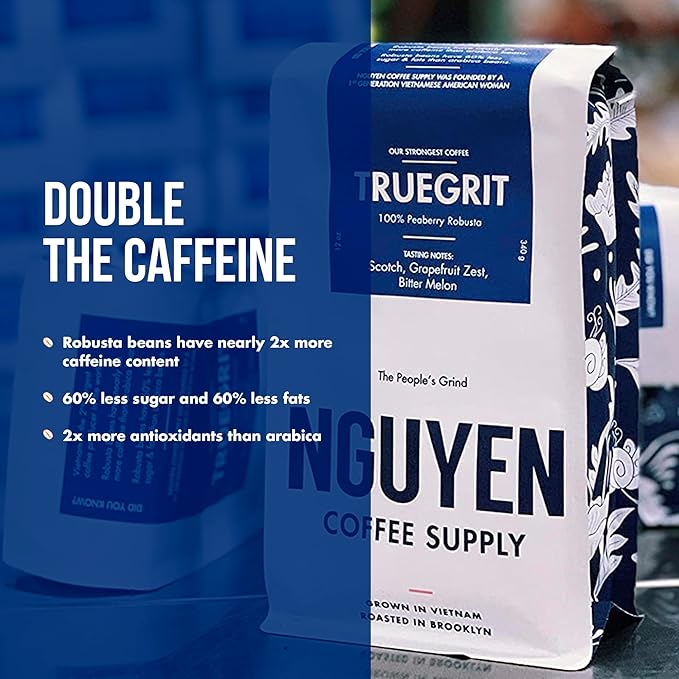 Nguyen Coffee Supply - Truegrit Robusta: Medium Roast Ground Coffee Beans, Vietnamese Single Origin, Direct Trade, Low Acid with High Caffeine Content, Roasted in Brooklyn [12 oz Bag]