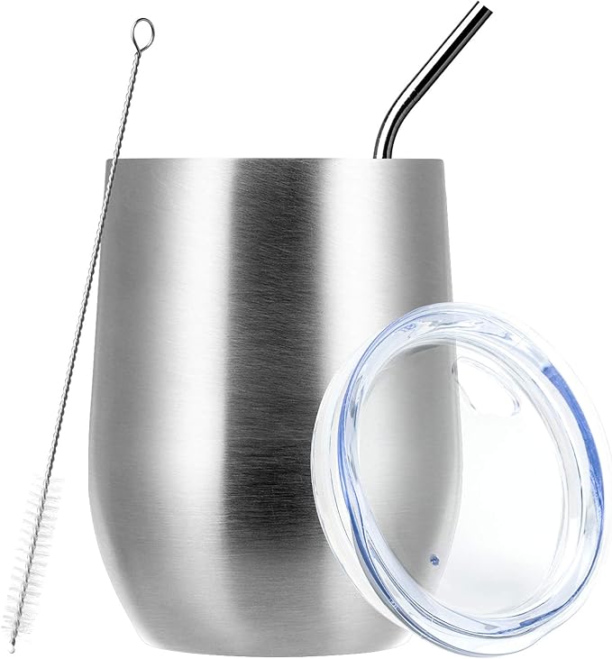 MEWAY Stemless 12oz Wine Tumbler Glasses with Lid -Insulated Double Wall Vacuum Stainless Steel Travel Tumbler with Straw,for Woman Under 10 dollars (Silver,1)