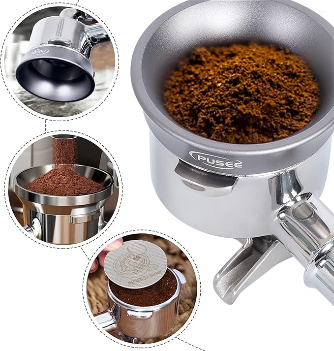 58mm Espresso Dosing Funnel & 58.5mm Puck Screen,PUSEE Coffee Dosing Ring Aluminum Metal,Reusable 1.7mm Thickness 150μm Espresso Puck Screen 316 Stainless Steel Fits 58mm Portafilter