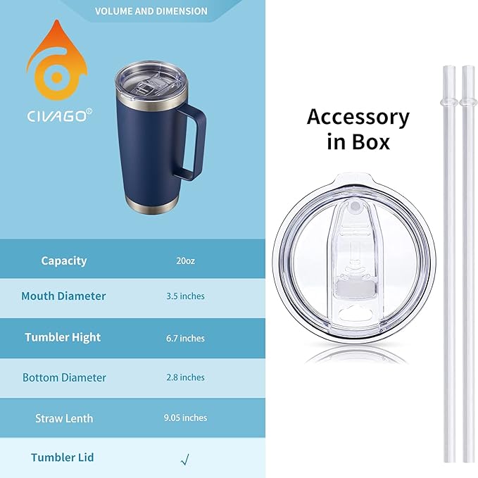 CIVAGO Travel Coffee Mug with Handle, 20 oz Insulated Tumbler with Lid and Straw, Stainless Steel Double Wall Vacuum Coffee tumbler, Thermal Coffee Cup, Army Green