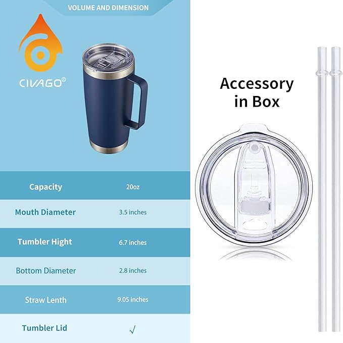 CIVAGO 20 oz Tumbler Mug with Lid and Straw, Insulated Travel Mug with Handle, Double Wall Stainless Steel Vacuum Coffee Tumbler, Thermal Cup, Navy Blue