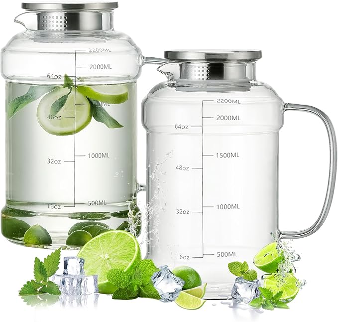 Glass Pitcher with Lid, 2 PACK 74 oz/2.2L Water Pitcher, Clear Borosilicate Glass Water Carafe for Cold Brew, Coffee, Lemonade, Iced SunTea,Beverage, Heat Resistant Water Glass Jug