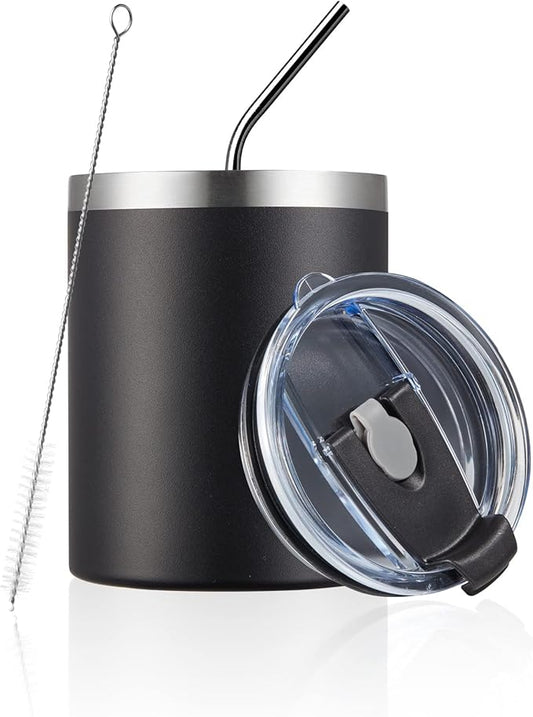 MEWAY 12 oz Lowball, Tumbler Stainless Steel Double Wall Vacuum Insulated Mug with Straw and Lid, Cleaning Brush ，Durable Powder Coated Insulated Coffee Cup for Cold & Hot Drinks (Black, 1 Pack)