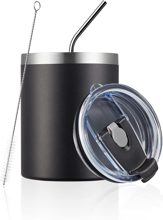 MEWAY 12 oz Lowball, Tumbler Stainless Steel Double Wall Vacuum Insulated Mug with Straw and Lid, Cleaning Brush ，Durable Powder Coated Insulated Coffee Cup for Cold & Hot Drinks (Black, 12 pack)