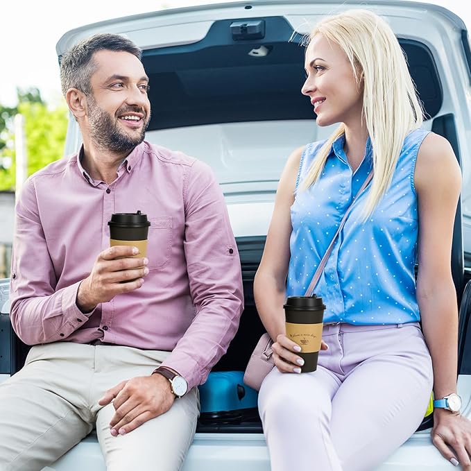 LITOPAK 100 Pack 16 oz Paper Coffee Cups with Lids, Black Disposable Coffee Cups with Lids, Sleeves and Stirring Sticks, for Parties, Picnic, Travel, and Events