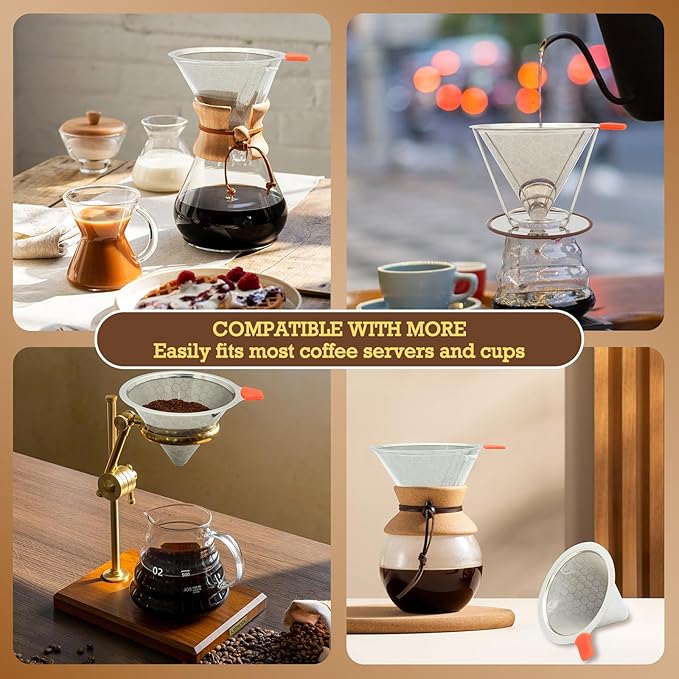 Pour Over Coffee Dripper, Paperless Pour Over Coffee Filter, Reusable Pour Over Coffee Maker Set, Dual-Layer Stainless Steel Cone Filter, Detachable Dripper Stand, Single Cup Brewer 1-4 Cup