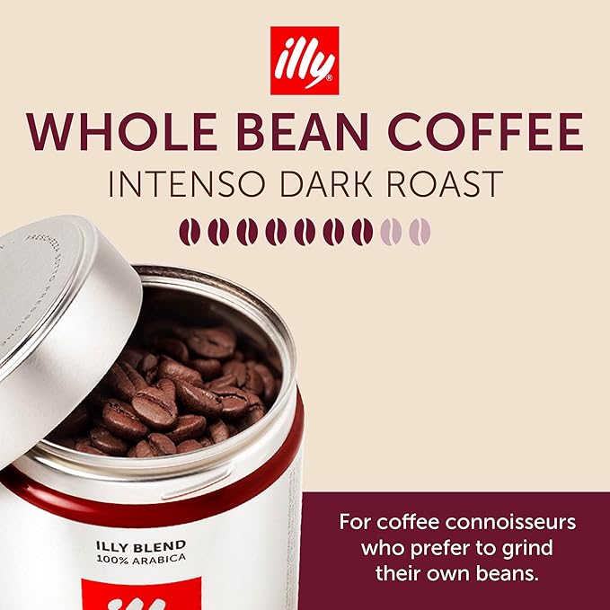 Illy Whole Bean Coffee, Intenso Bold Roast - Bold & Flavorful - 100% Arabica - Whole Beans - Pressurized Packaging Sealed for Freshness - 8.8oz can (Pack of 6)
