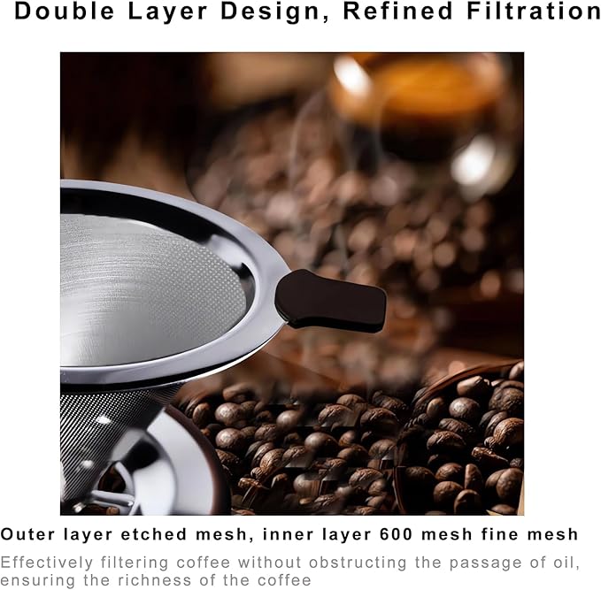 Pour Over Coffee Dripper,Stainless Steel Coffee Filter, Pour Over Maker Double Micro Mesh, Reusable Coffee Strainer (Silver)