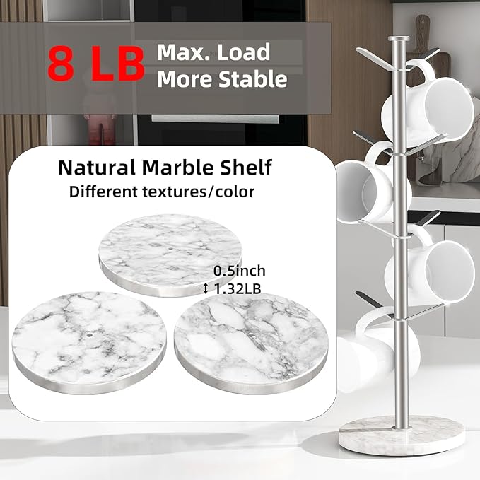 Marble Mug Holder Tree, 8 Hooks Brushed Nickel Coffee Cups Stand, New Upgraded Stable Mug Stand for Kitchen Counter Cabinet Cafe