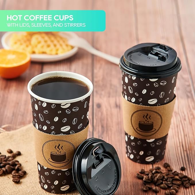 JOLLY PARTY Disposable Coffee Cups with Lids, Sleeves and Straws - 20oz(50 Pack) Paper Cups with Lids, Hot Coffee Cups for Shops, Cafes, and Concession Stands(Dark Brown)