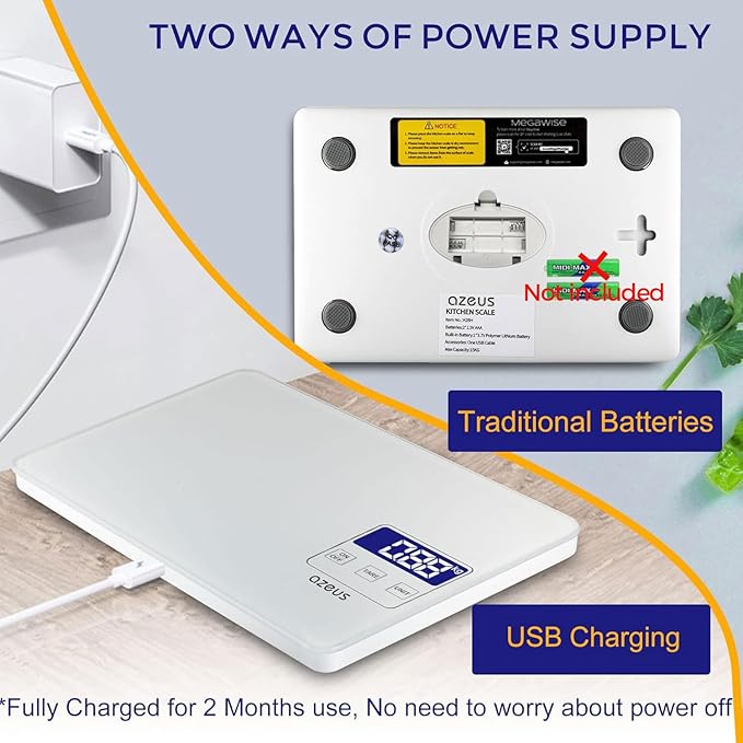 Food Scale with USB Rechargeable, Digital Kitchen Scale with 6 Units, High Precision to 0.04 oz /11lbs Capacity, Weight Range from 3g-5000g