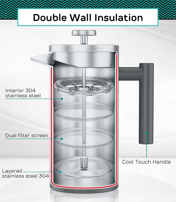 Coffee Gator 304 Grade Stainless Steel French Press Coffee Maker 34 oz, Double Wall Insulated Hot Cold Brew Teapot with 4-Level Filtration System, Include Travel Jar Canister, Rust-Free, Kitchen, Gray