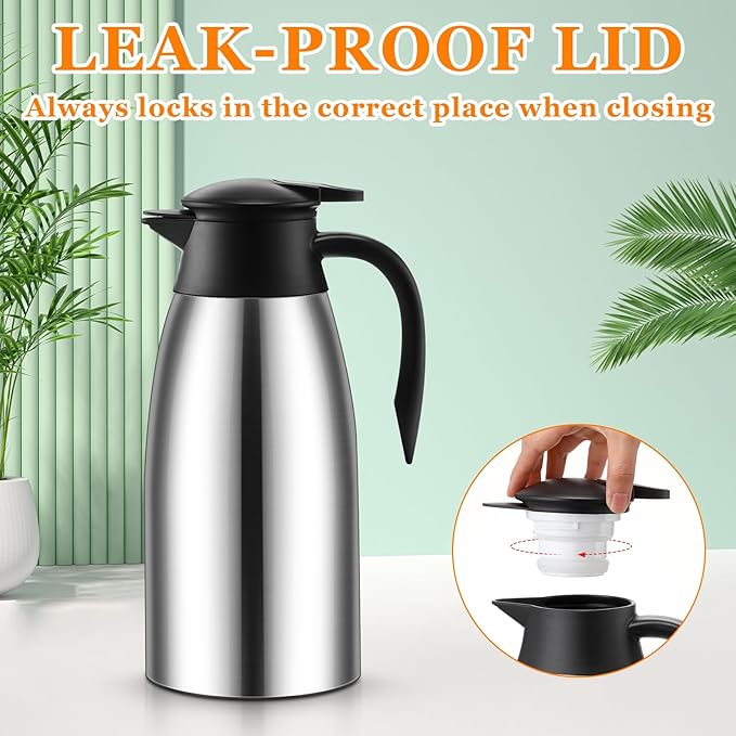 Norme 2 Pcs Thermal Coffee Carafe Insulated Stainless Steel Coffee Carafe for Hot Liquid Vacuum Thermal Pot Creamer Pitcher Dispenser with Brushes Keeping Hot Water Milk(Silver,68 oz)
