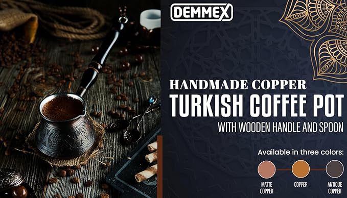 DEMMEX 15 Oz Thickest Copper Turkish Greek Arabic Coffee Pot, Stovetop Coffee Maker, Cezve Ibrik Briki with Wooden Handle & Spoon, Hand Engraved (Matte Copper, 6 Servings)