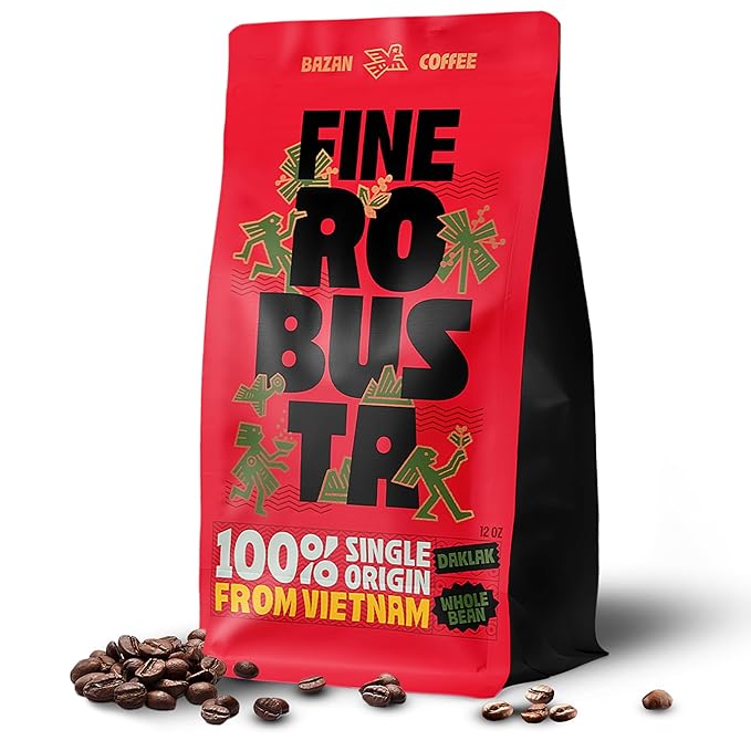 BAZAN COFFEE – Vietnamese Fine Robusta, Premium Medium Roast Whole Bean, Single Origin Specialty Coffee, 100% Natural, Anaerobic Fermented, Tropical Flavor Notes of Durian, Honey & Caramel, 12oz Bag