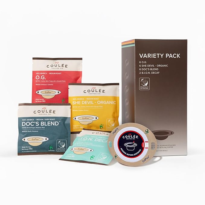 Coulée EcoPour Coffee Variety Pack, All Paper Single Serve Coffee, Use for Camping or Traveling, Pre Filled Compostable Filters, Ready to Brew with Hot Water, Plastic Free, Includes 4 Flavors, 20 Pack